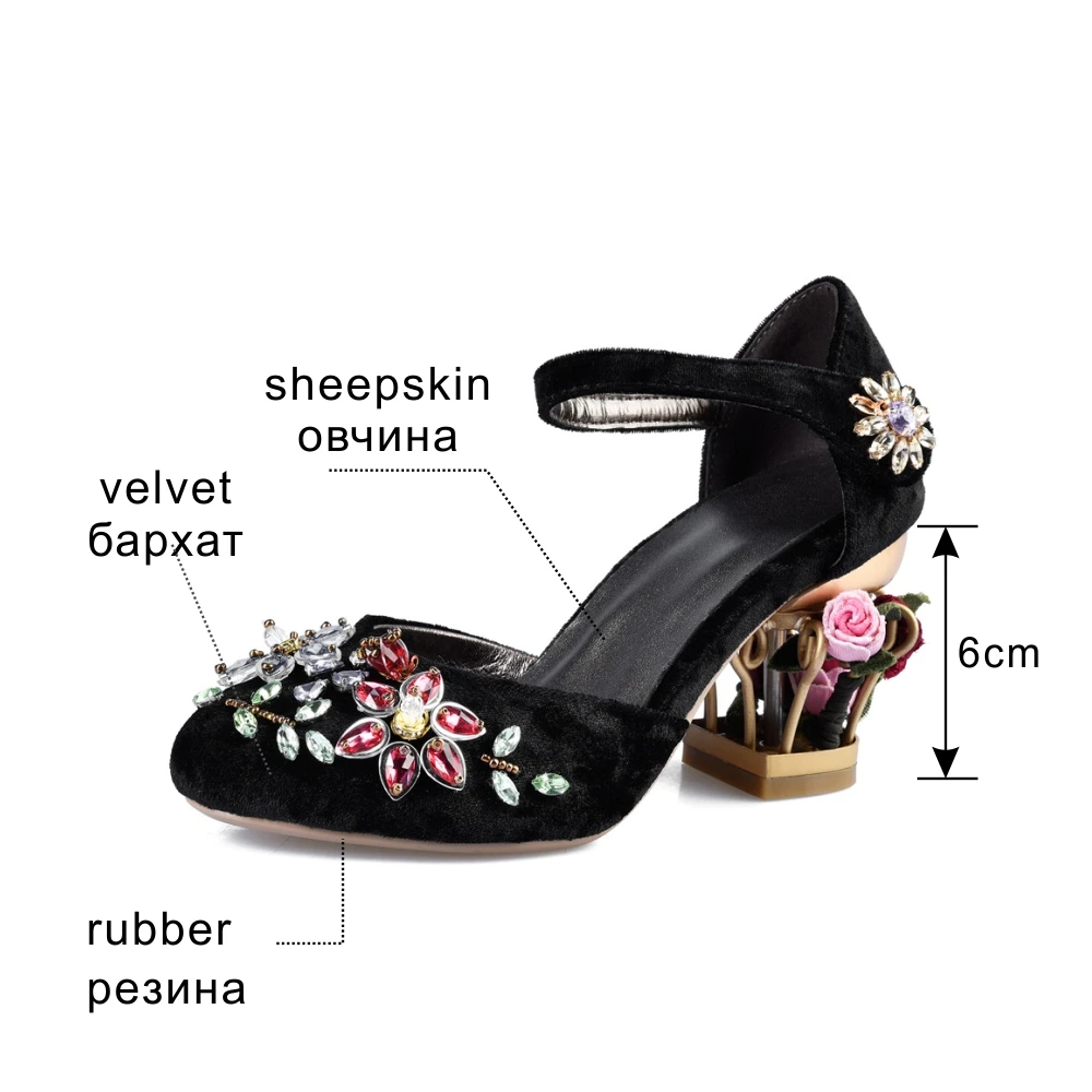 Женские бархатные туфли мэри джейн с цветами из кристаллов на каблуке средней