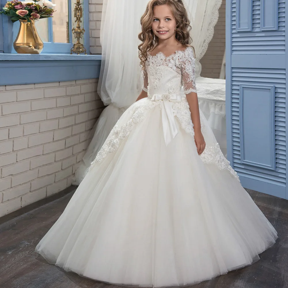 2018 New Off Shoulder Flower Decor Beading Girl Ball Gown Lace Appliques Half Sleeves Kids First Communion Dresses 2-13 Year Old