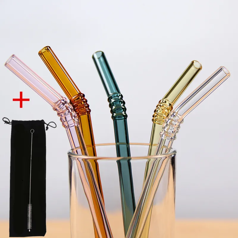 Стекло соломинкой многоразовые 5 шт./компл. Colorled Стекло соломы Чай молоко сок соломенная шляпа с мешок коробка изогнутые Стекло набор соломинок