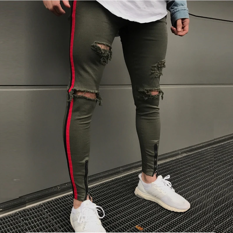 2018 хип-хоп Рваные джинсы для Для мужчин сбоку в полоску джинсовые штаны