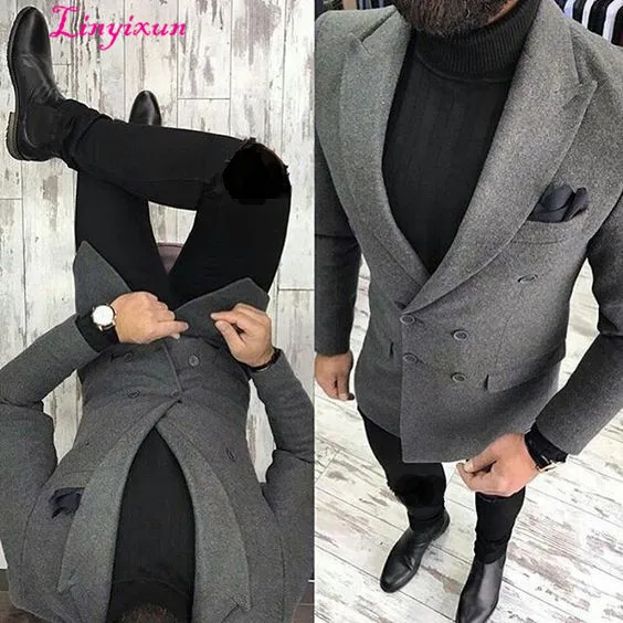 Linyixun последние конструкции пальто брюки серый Твид Мужская куртка Slim Fit двубортный Блейзер на заказ жениха модные костюмы для выпускного вечера Terno - Цвет: as picture