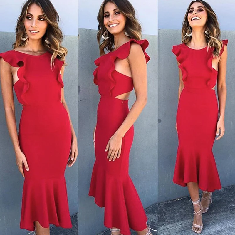 Conmoto 2019 Ruffles Red Party Dress Women Robe Femme Dresses Solid Sexy Bodycon Winter Vestidos | Женская одежда