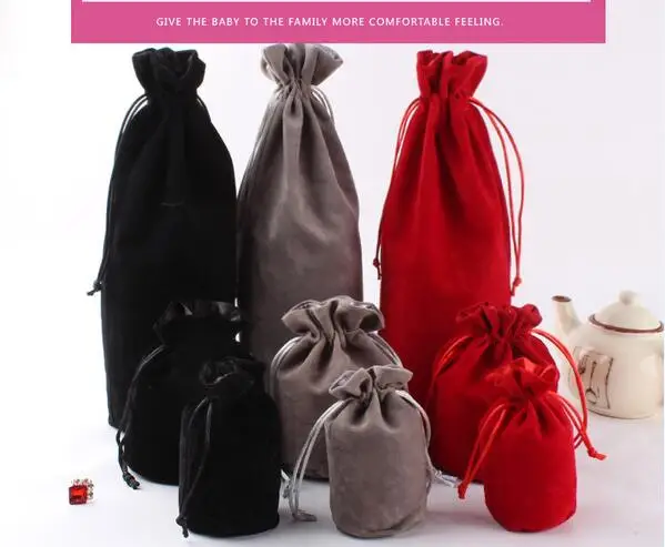 High Quality Black/Red/Gray 10x33cm Cylindrical Round Bottom Velvet Pouch Big Drawstring Gift Bag Wine Bottle Packaging Bags | Украшения и