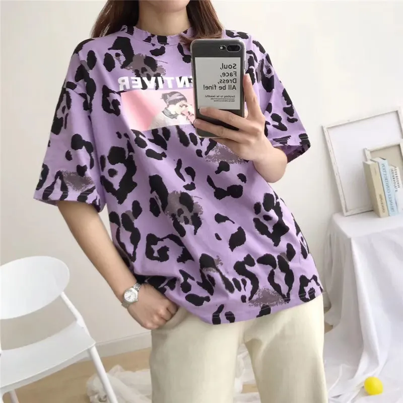 Летняя футболка Для женщин 2019 Модные свободные леопардовая расцветка с длинными