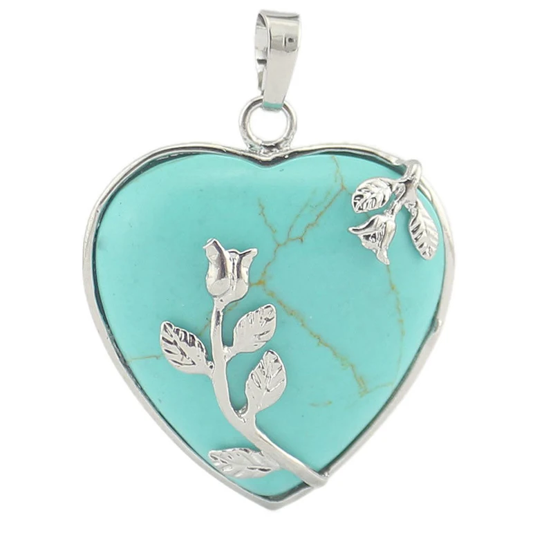 green turquoise Винтажный серебряный цвет, цветок, сердце, натуральный Лазурит, опал, Малахитовая Роза, камень кварца, подвеска, ожерелье, женские подарки - Окраска металла: green turquoise
