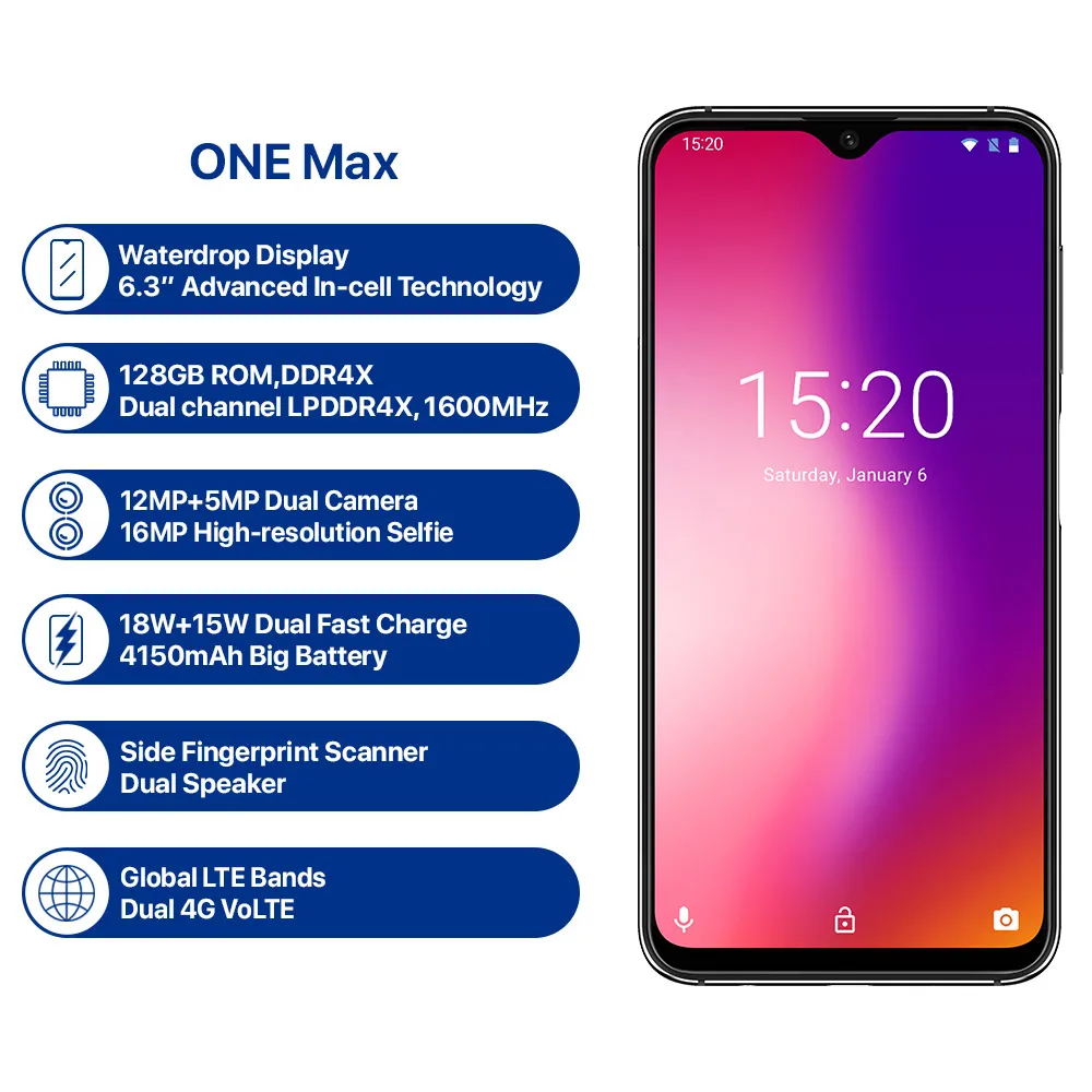 Umidigi ONE Max Face ID NFC Octa Core Smartphone 4GB RAM 128GB ROM 4150mAh 6.3&quot Waterdrop Wireless Charging 4G LTE Cellphone | Мобильные