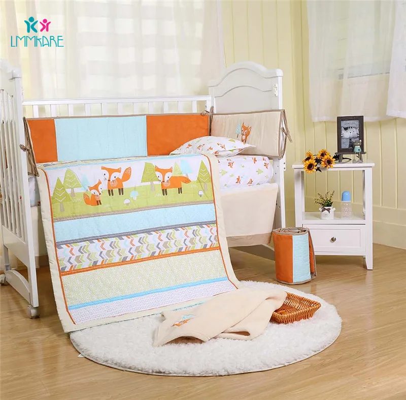 8Pcs Комплект постельного белья для новорожденных, с вышитой лисой из мультфильма, для младенцев, простыня, одеяло, юбка, хлопок, детская кровать, бамперы, унисекс - Цвет: 8Pcs