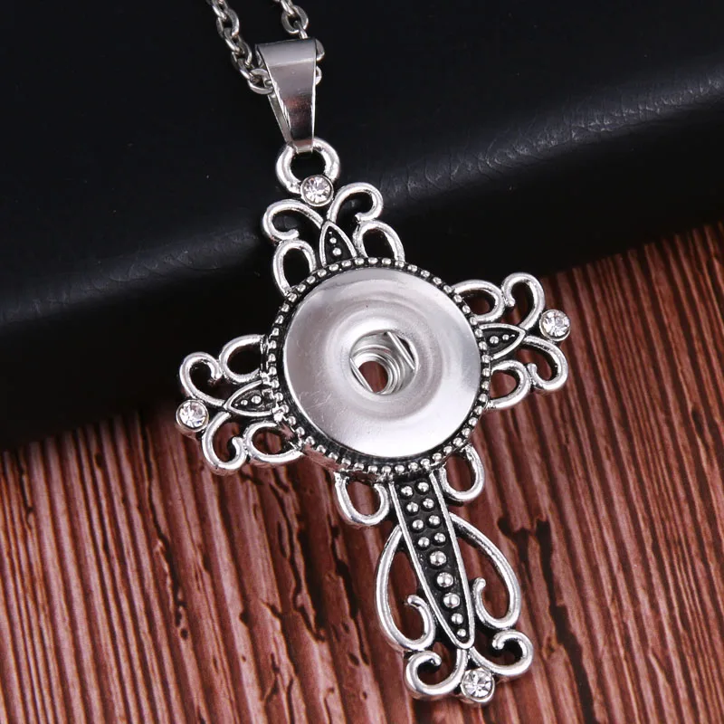 Vintage Snaps Jewelry Crystal Cross Snap Necklace Jesus Necklaces with long Chain pendant necklace fit 18mm snap 3066|Ожерелья с