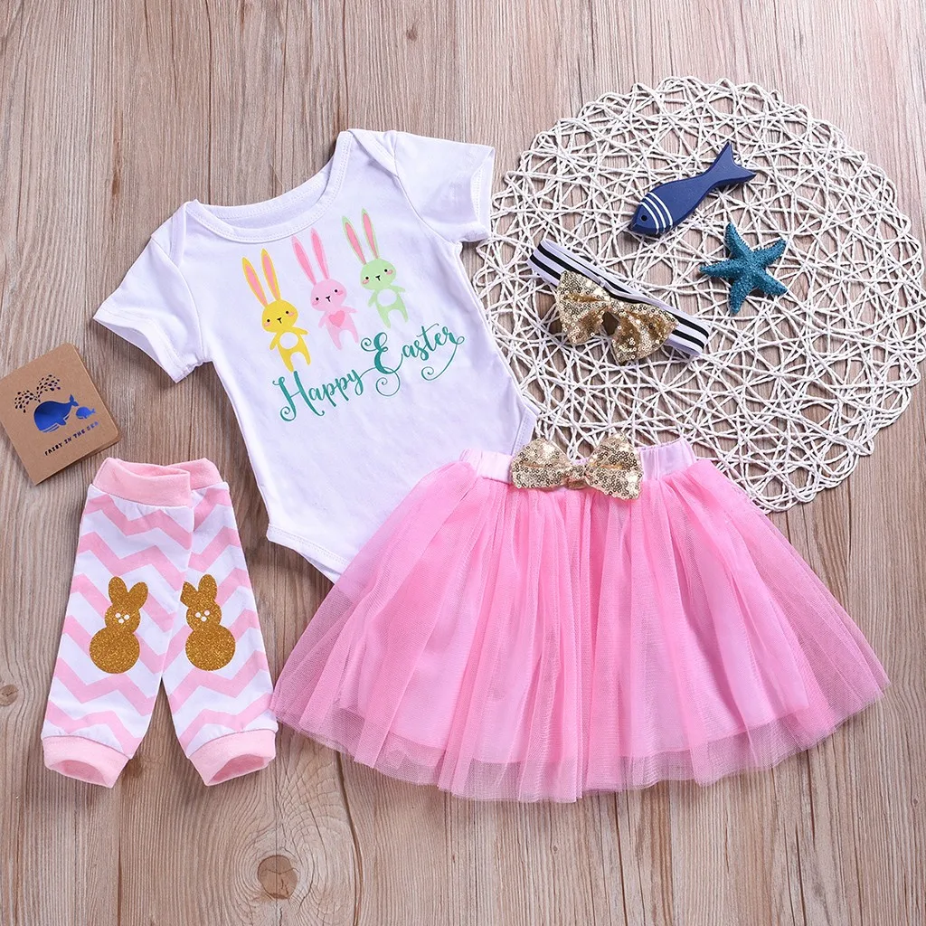 TELOTUNY 2019 Baby Girls Toddler Short Sleeve Letter Romper Tops+Floral Pants+Headbands Set Outfits Happy Easter Sets#40 | Мать и ребенок