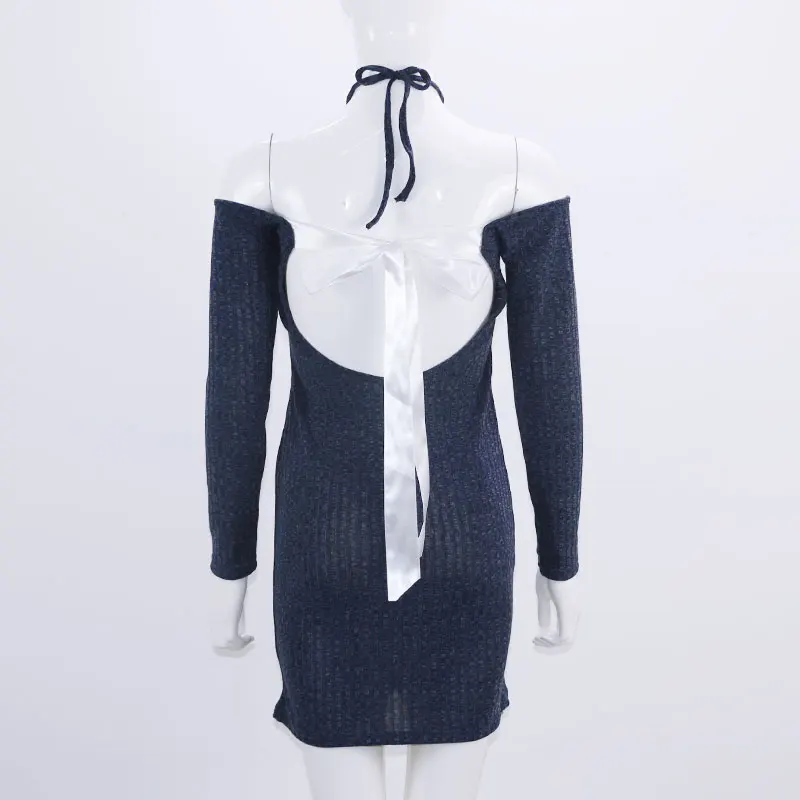 Женское трикотажное платье свитер с открытыми плечами и длинным рукавом|vestido