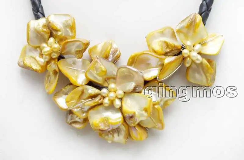 Big 1 piece 70mm and 2 50mm Orange Baroque Shell Flower Natural Pearl pendant Black 6mm Rope 18'' Necklace-nec6336 | Украшения и