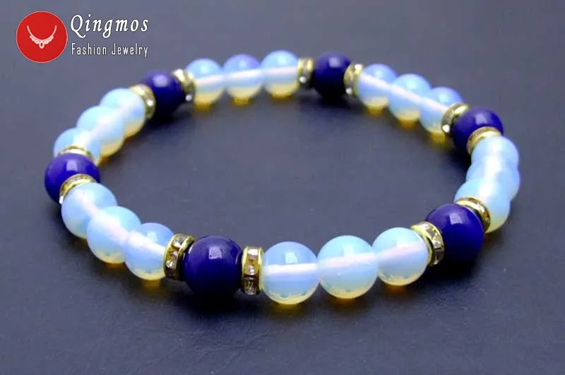 

Qingmos Trendy Opal Bracelets for Women with 8mm Blue Round Opal and 8mm Round Blue Jades 8'' Bracelet Fine Jewelry-Bra321