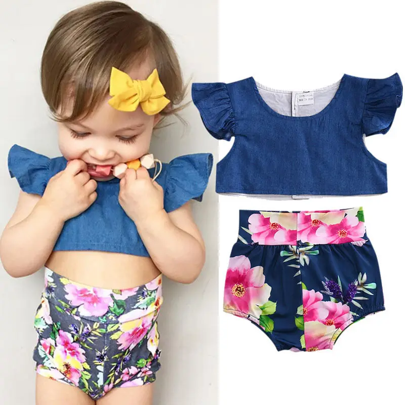 2017 г. комплект летней милой одежды для маленьких девочек топ из джинсовой ткани с