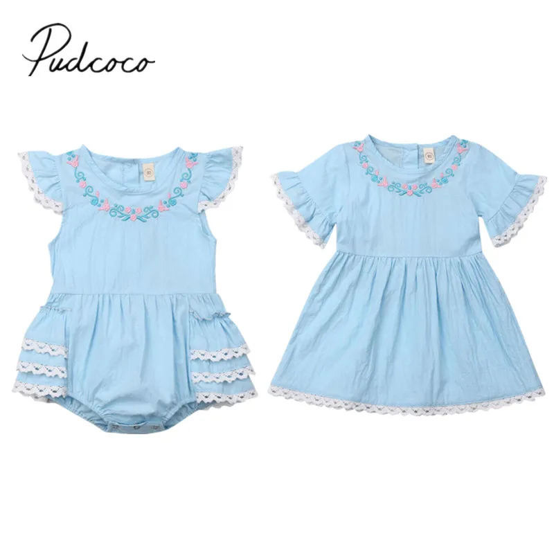 Baby Summer Clothing Sister Matching Outfits Girl Short Sleeve Flower Romper Dress Matching Layered Ruffled Outfit Set