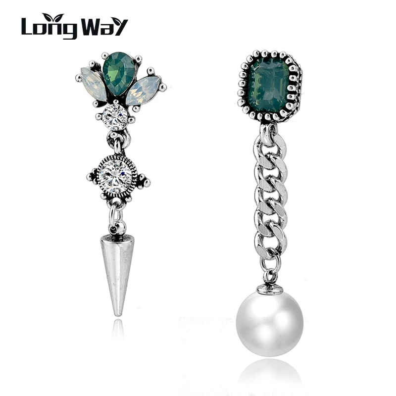 

LongWay Earrings Long Earring Green crystal awl and pearl earrings Statement Drop Earrings For Women Wedding EarringsSER170018