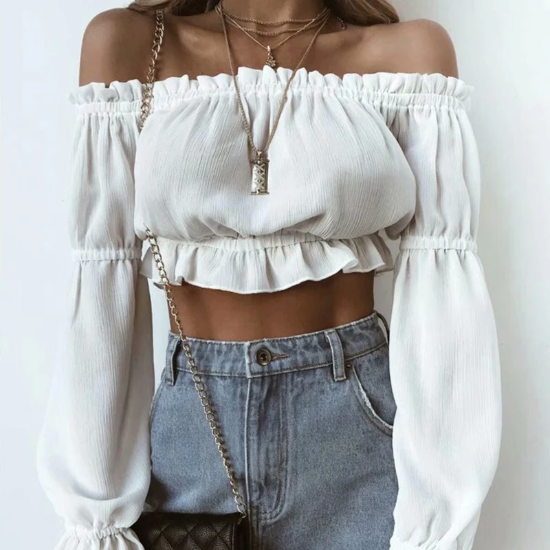 Женская блузка с открытыми плечами skitzyou белая длинным рукавом Винтажная летняя