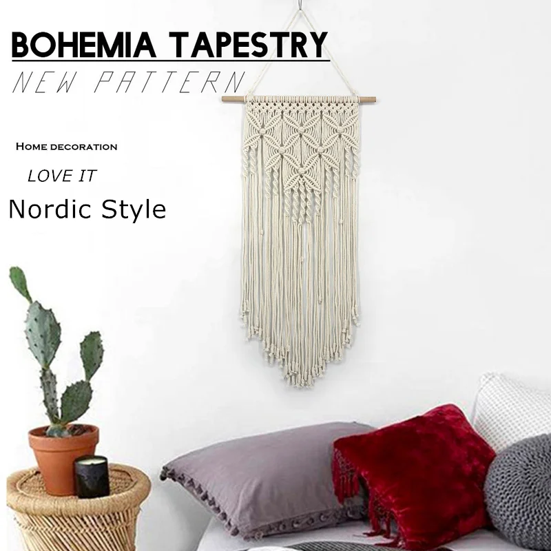 Bohemian Style Handmade Butterfly Pattern Knitted Wall Hanging for Living Room Bedroom Wooden Stick Cotton Thread Home Tapestry | Дом и сад