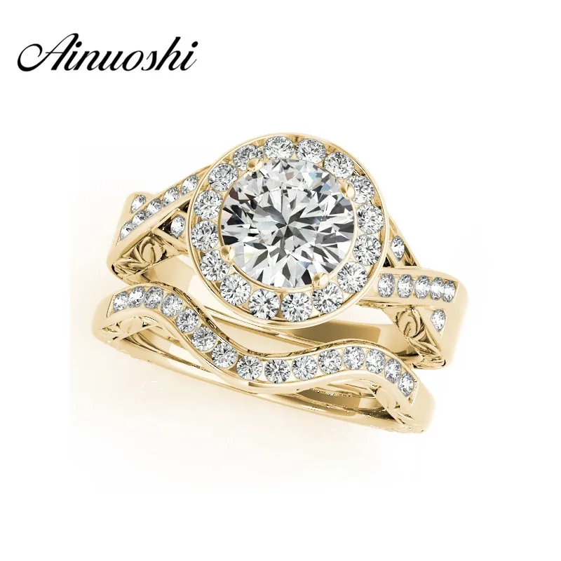 AINUOSHI, классические 925 пробы, серебро, желтое золото, женские кольца, наборы, Sona, 1,5 карат, круглая огранка, свадебные кольца, наборы