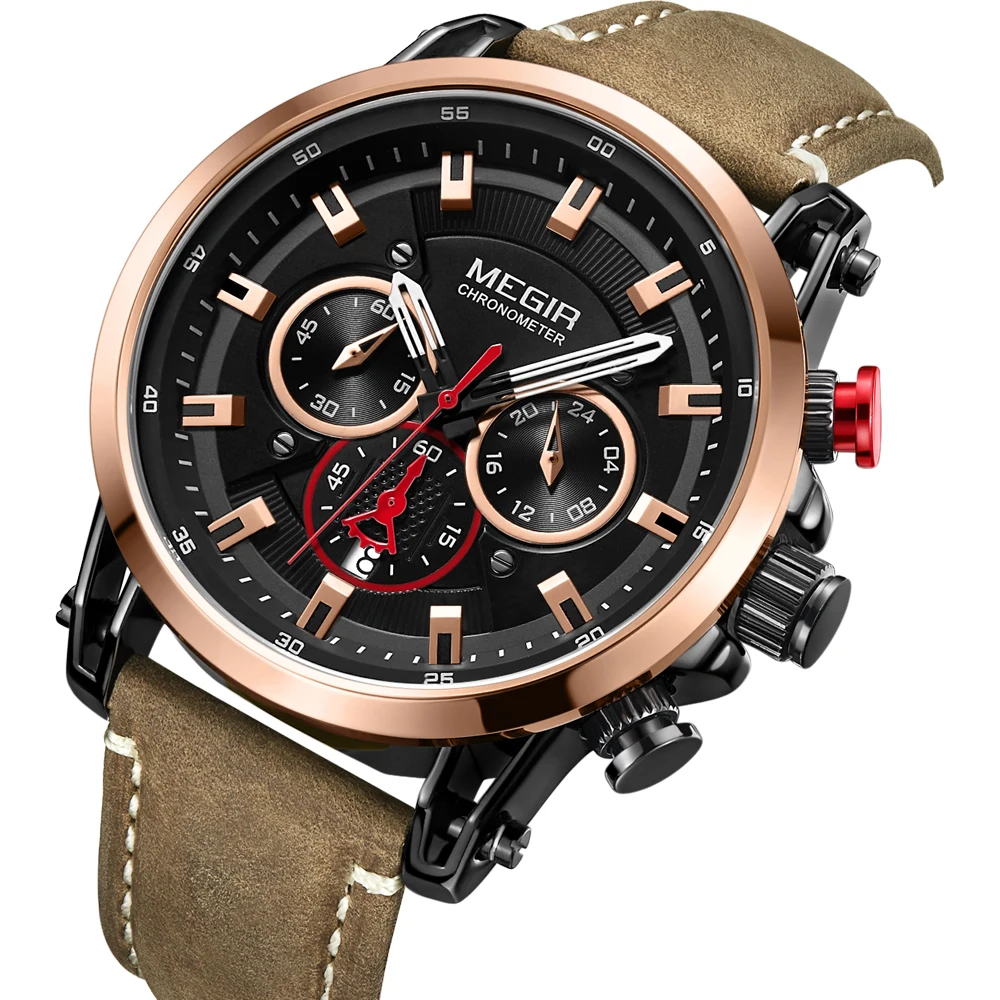 Модные брендовые мужские часы Megir кварцевые с хронографом кожаным ремешком