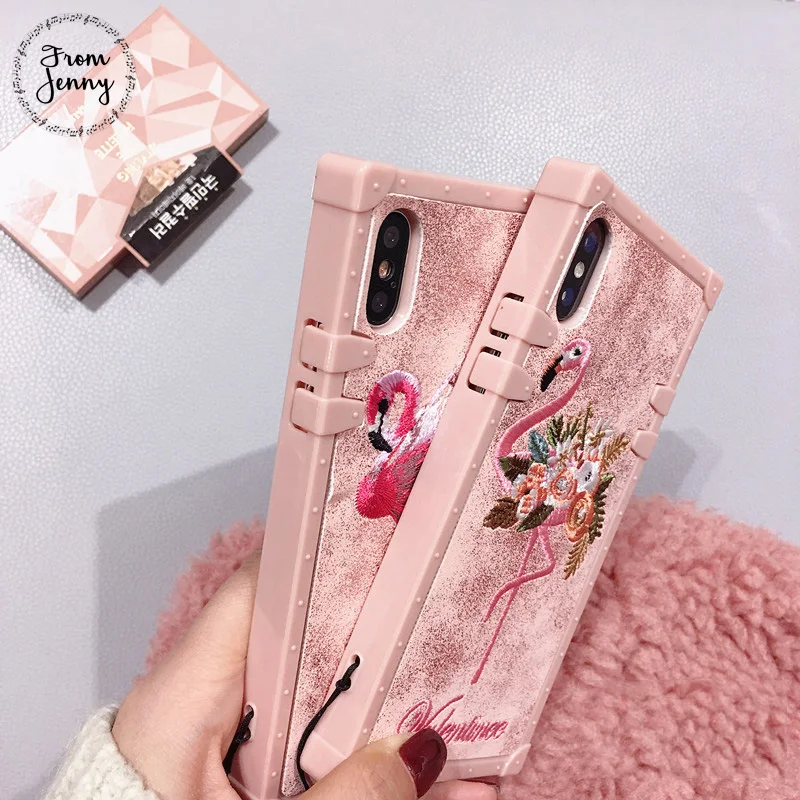 From Jenny Fabric Embroidery Flamingo Phone Case for iphone 8 8plus 7 7plus 6/6S Plus X Pink Soft Back Cover |