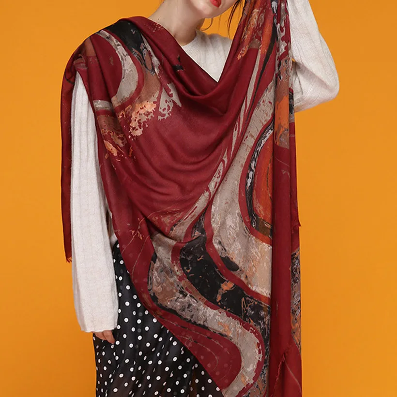 Ellacey Новый 2018 Радужный атласный льняной шарф с принтом Женский Длинный Ретро