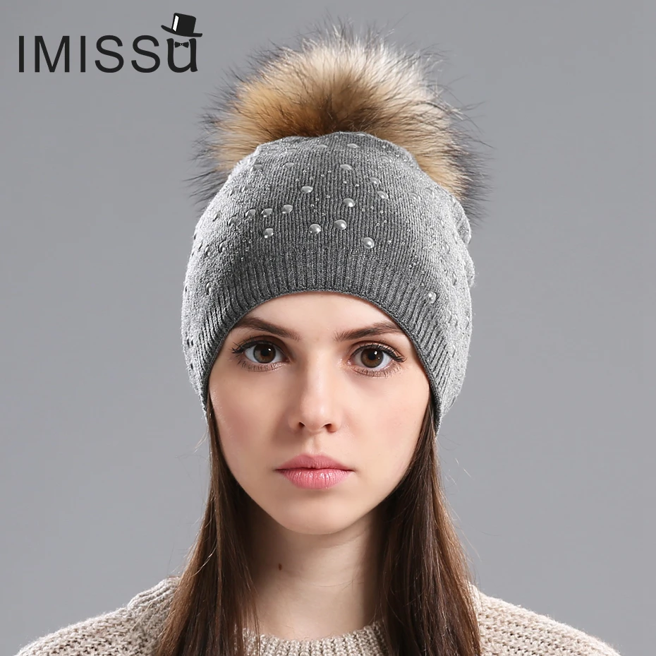 IMISSU женская вязаная шерстяная шапка Skullies осенняя и зимняя с натуральным мехом