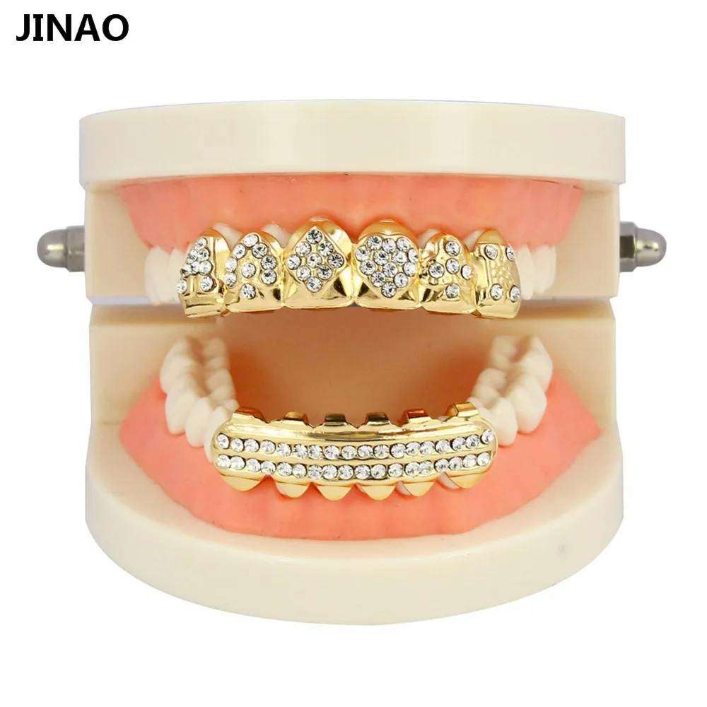 12 комплектов цзинао Позолоченные ICED OUT CZ зубы GRILLZ верхней нижней крышки зуба хип хоп Bling комплект решеток для Рождества