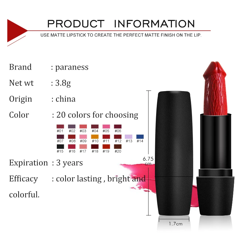 Paraness Penis Head matte lipstick Set Lip gloss stick waterproof long lasting Lips Makeup Red Purple Pigment 20 Colors |
