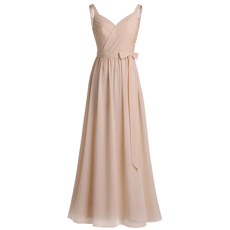 Шампанское Vestido de festa, платье для женщин, без рукавов, плиссированное, v-образный вырез, шифон, длинное платье, для вечеринки, выпускного вечера, платья с поясом - Цвет: Шампанское