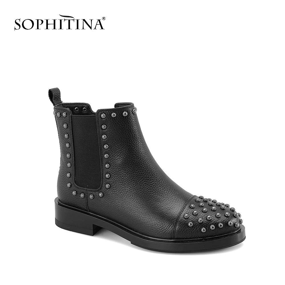 SOPHITINA/женские ботинки с заклепками; коллекция года; удобные ботинки «Челси» ручной работы с круглым носком; Высококачественная модная обувь на низком квадратном каблуке; M12