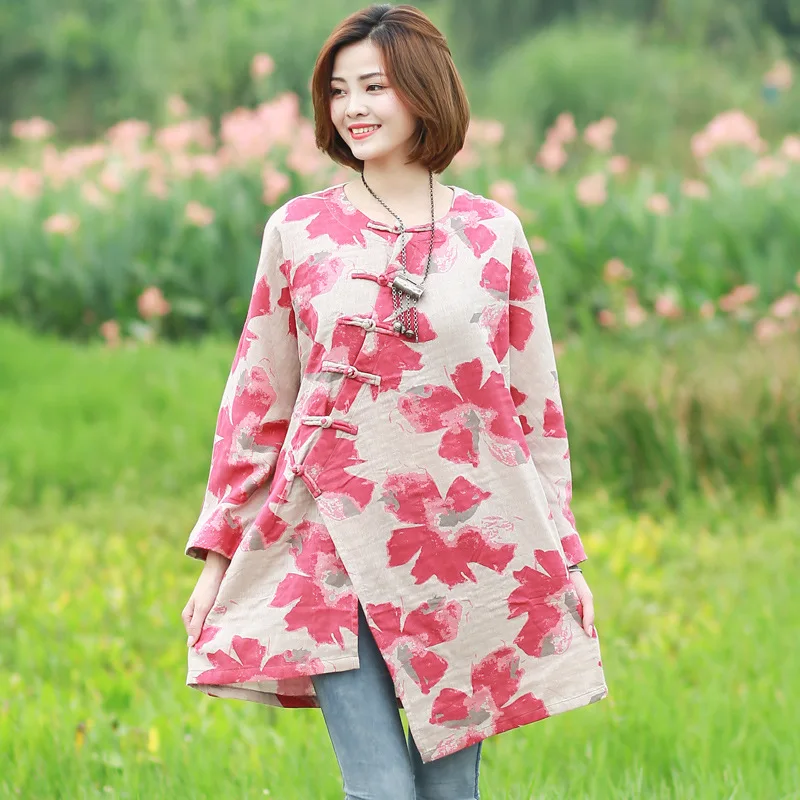 Хлопковая льняная Женская Весенняя новая длинная рубашка с национальным