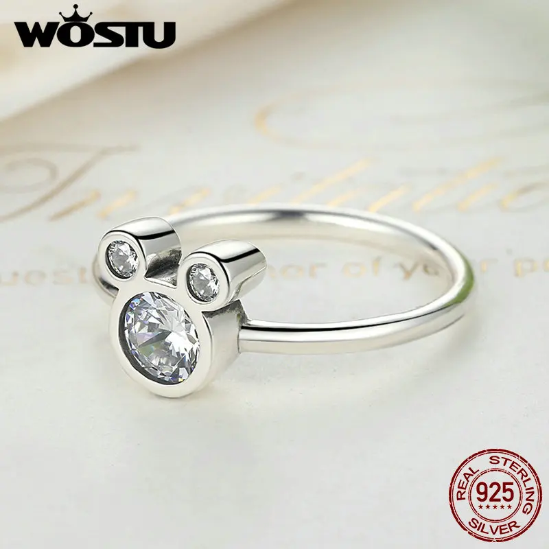 WOSTU, новая мода, настоящее 925 пробы, серебряные милые сверкающие Мультяшные кольца с мышкой для женщин и девушек, хорошее ювелирное изделие, подарок FIR032