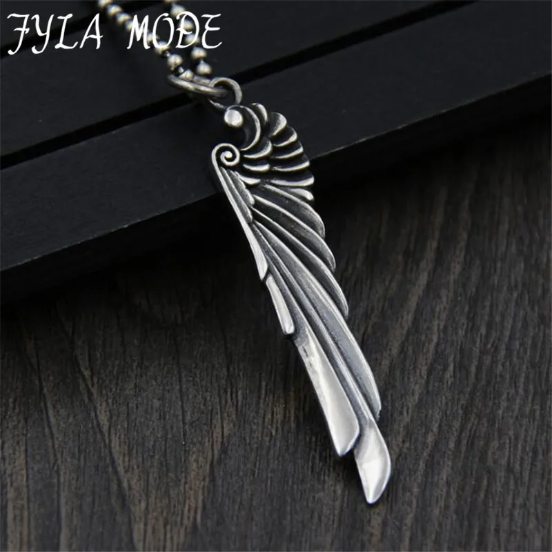 

JINSE Men Choker Necklaces Pendants S925 Sterling Silver Vintage Gothic Feather Angel Wing Pendants 60*15MM 10G