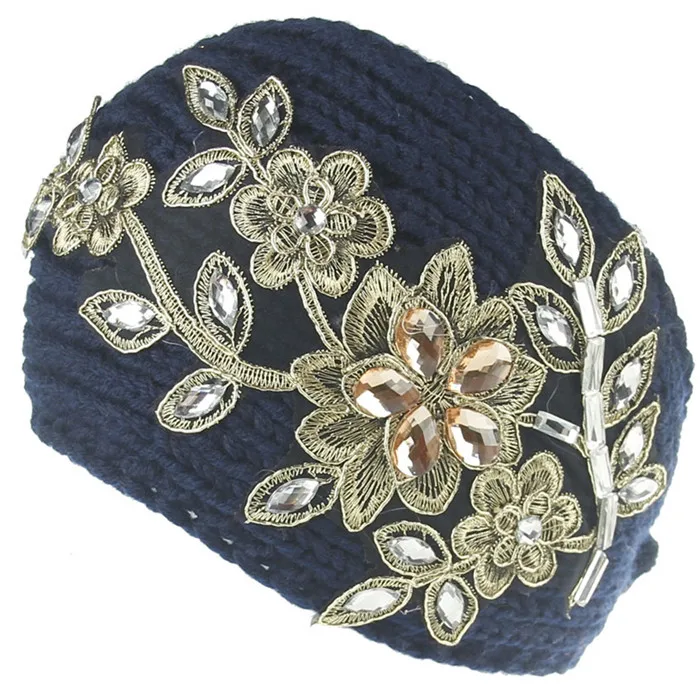 B Navy Blue Винтажные хрустальные цветы, шерстяные трикотажные повязки, зимняя теплая широкая повязка на голову, наушники для женщин, головной убор - Цвет: B Navy Blue