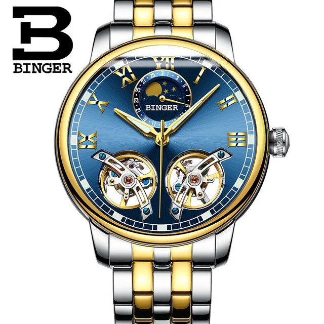Steel Blue Gold Швейцарские BINGER Роскошные автоматические часы Moon Phase для мужчин с двойным турбийоном для мужчин s Скелет механические часы для мужчин бренд Relogio - Цвет: Steel Blue Gold