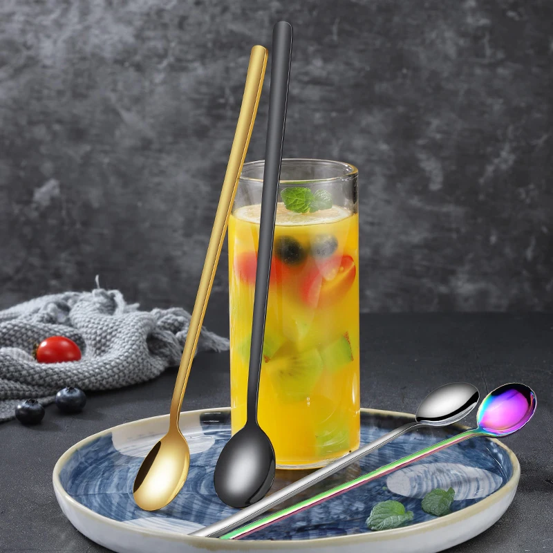 KONCO Ice Tea Spoon Coffee Scoop Mixing Ice Cream Spoon Stainless Steel Cocktail Stirring Bar Accessoriess