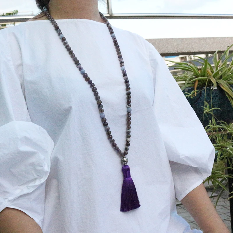 Ожерелье из бисера 8 мм с аметистом и аквамарином мала подвеска Будды JapaMala 108