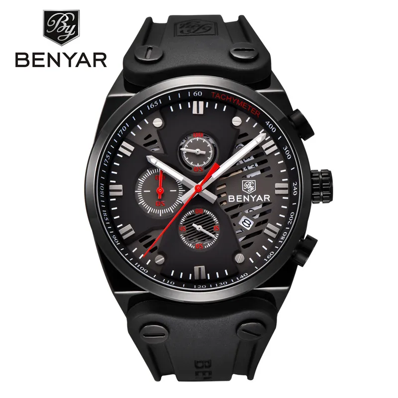 BY511001 without box Мужские часы benyar мужские часы лучший бренд класса люкс Хронограф Спортивные мужские часы военные из натуральной кожи новые кварцевые наручные часы - Цвет: BY511001 without box