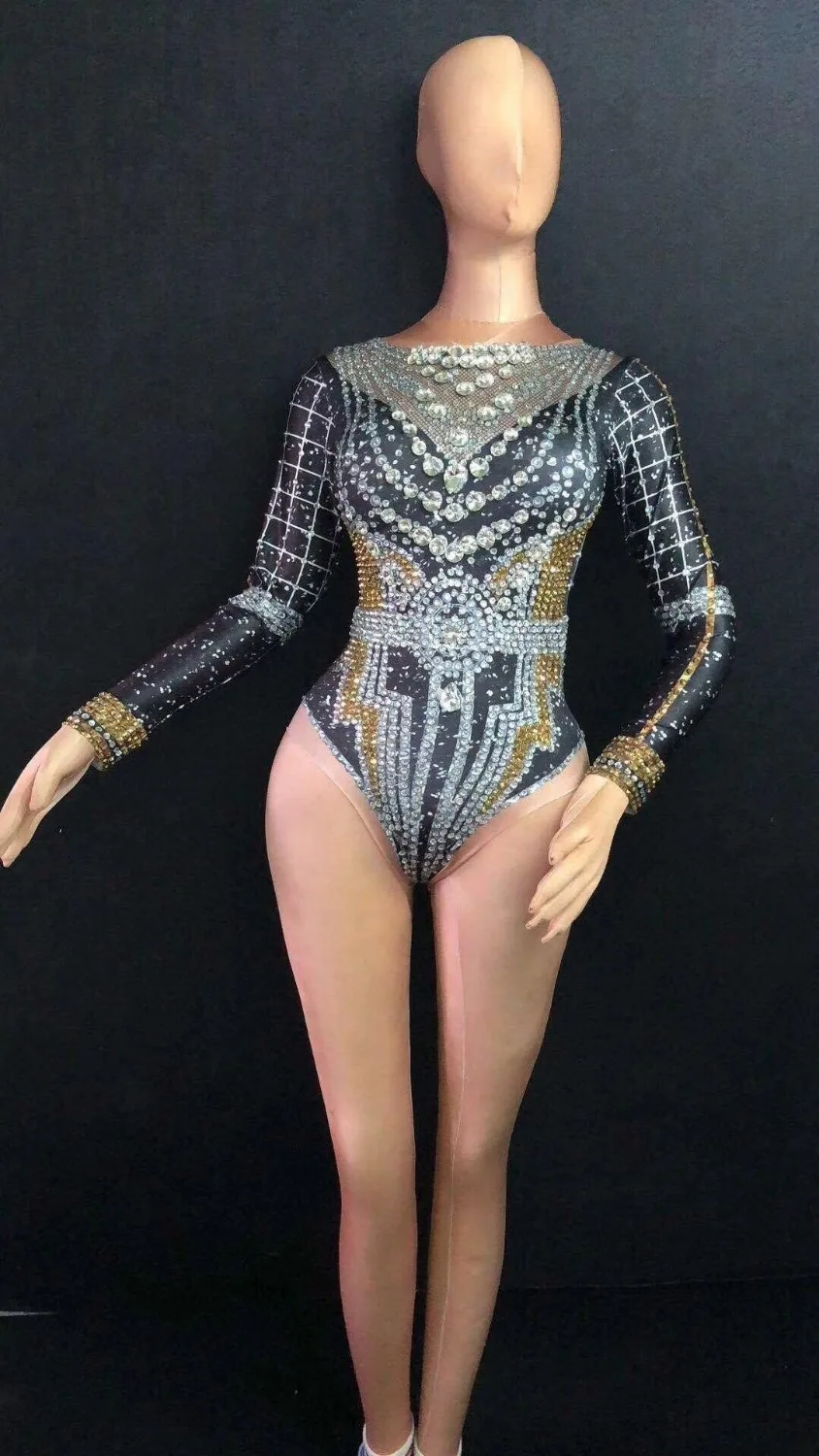Colorful Full Rhinestones Elastic Leotard Bodysuit Female Jazz Dance Teams Costume Nightclub Bar DJ Singer Concert Stage Outfits