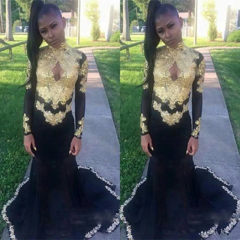 Черные Девушки Длинные Рукава Вечерние Платья 2017 Высокая Шея Золотые Аппликации