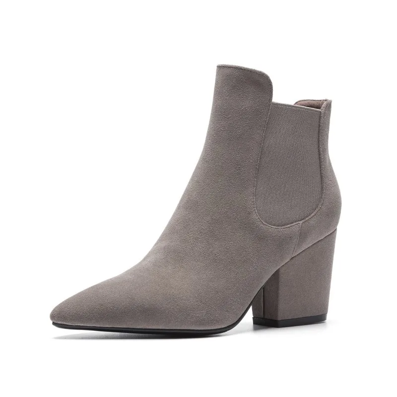 

Cowhide Leather Lady Fashion Chelsea Short Boots Real Leather High-top Chunky Heel Comfortable Female Boots 2020 New Style