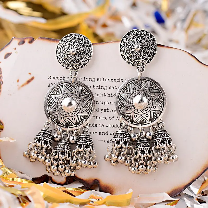 

Boho Vintage Jhumka Statement Big Bells Tassel Drop Earrings for Women Ethnic Round Carved Brincos Gypsy Indian Jewelry