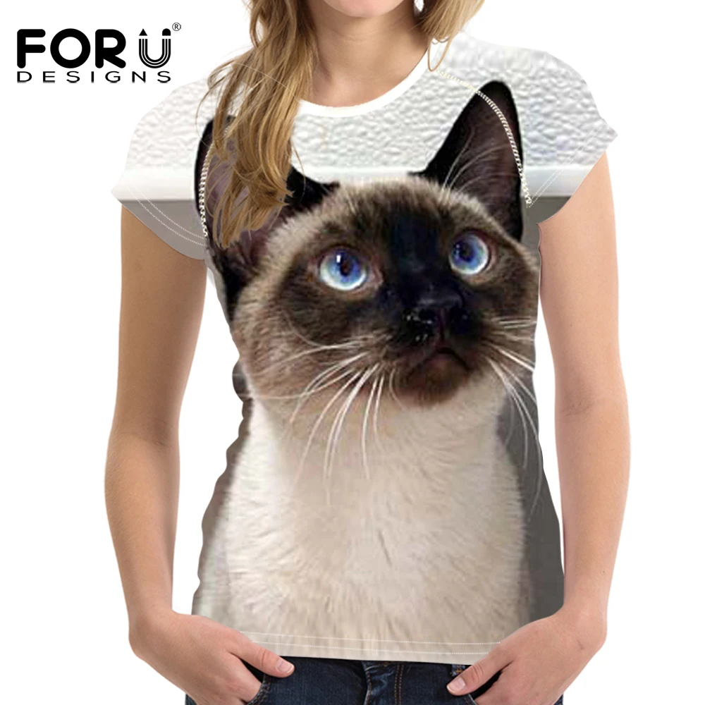 FORUDESIGNS/женская футболка для фитнеса спорта женщин с милым принтом кота коротким