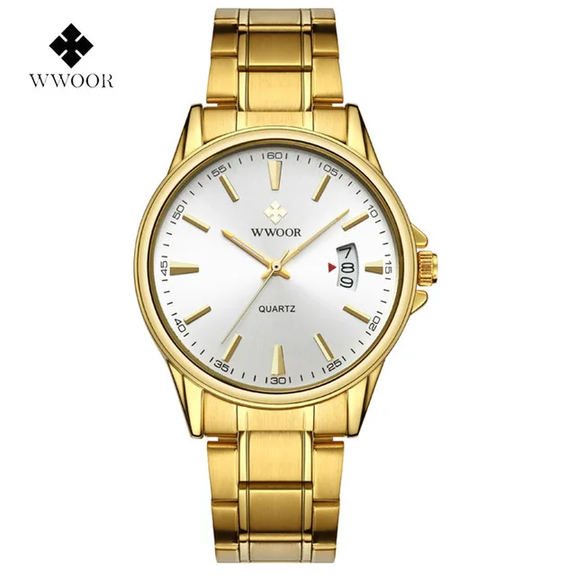 2 gold white WWOOR 8833 мужские часы Топ бренд класса люкс золотые мужские кварцевые простые спортивные часы водонепроницаемые мужские часы из нержавеющей стали - Цвет: 2 gold white