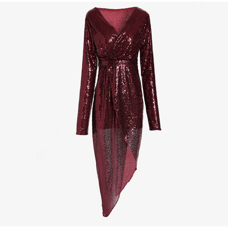 Sequin Sexy Глубокий V образным вырезом для женщин миди платья для разделение с длинным рукавом повседневное тонкий необычное платье для вечеринки для женщин весн
