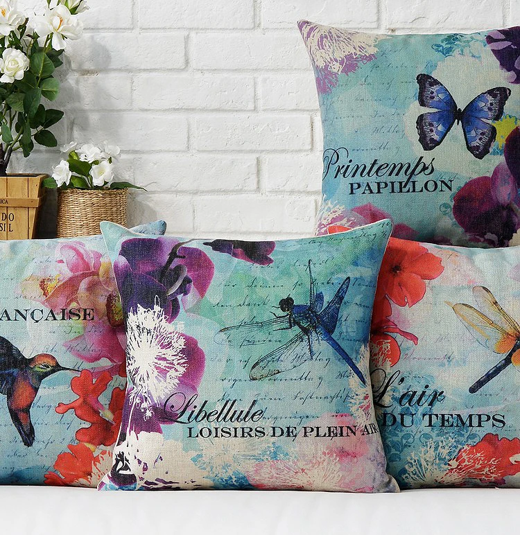Льняная наволочка для подушки с бабочками и цветами синяя Стрекоза птица