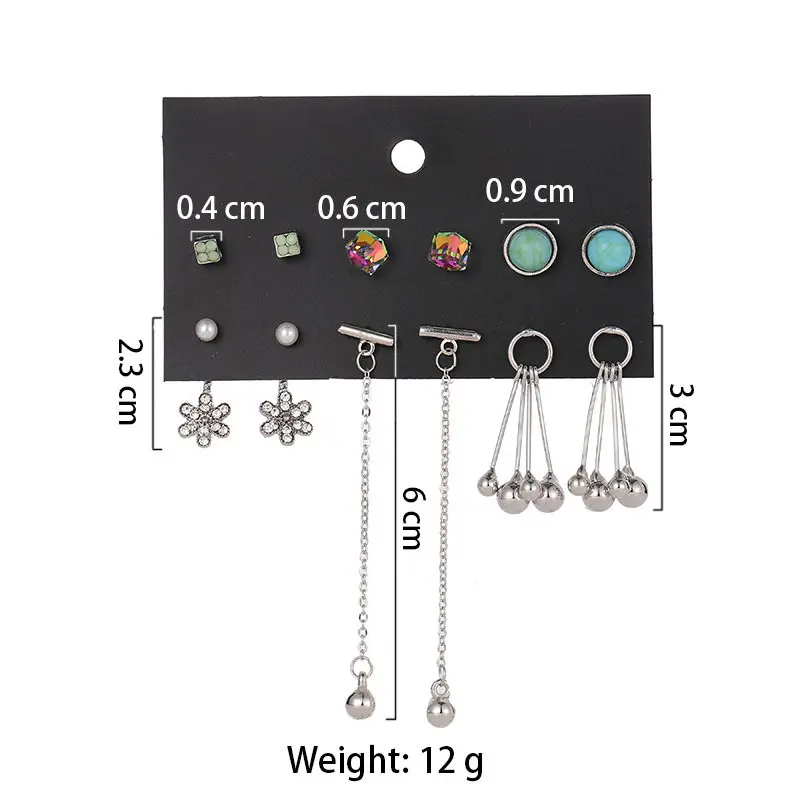 Winterxue 6Pairs New Stud Earrings Set For Women Punk Fashion Jewelry Crystal Stone Long Piercing Pendientes Brincos | Украшения и