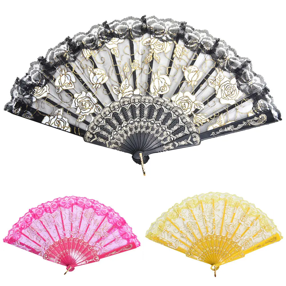 

Hot Sale Floral Lace Tulle Hand Fan Folding Wedding Birthday Party Wedding Decor Manual Fans