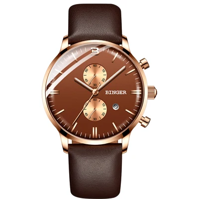 leather Brown Мужские часы Switzerland BINGER лучший бренд класса люкс водонепроницаемые наручные часы Дата Простые повседневные кварцевые часы для мужчин спортивные часы - Цвет: leather Brown