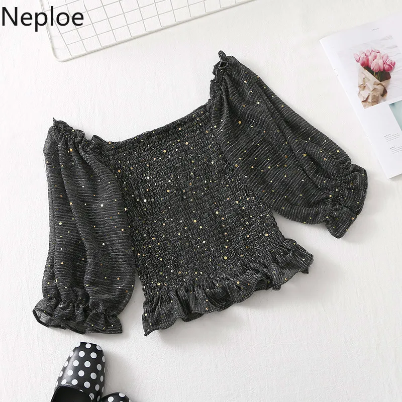 Neploe Sequined Women Tops Summer 2019 Fashion Slash Neck Lantern Sleeve Blouse Slim Waist Ruffles Ladies Blusa 44158 |